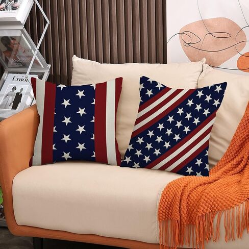 American Independence Day Throw Pillow Set - Creative Three-Dimensional Star Embroidery - Linen - Red, White and Blue - Living Room, Sofa, Bedroom Home Decoration - 18x18 Inches - 4-Piece Set in Kuwait