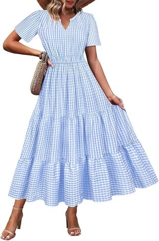 TIYOMI Women Plus Size Dress Boho V Neck Short Sleeve Beach Maxi Dresses Floral/Stripe/Leaves/Lemon XL-5XL in Kuwait