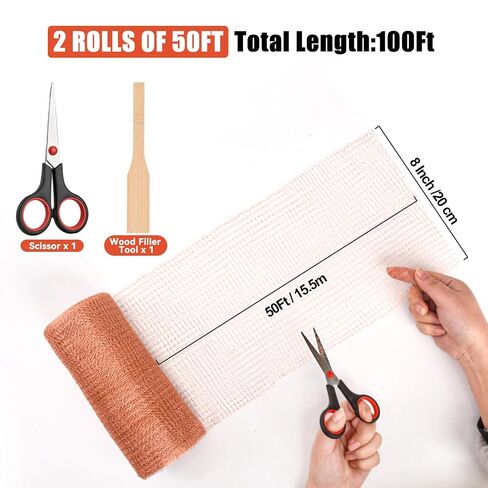 Copper Mesh Rodent Control Kit, 8" x 100 ft Pure Copper Wool Wire Mesh, Mouse & Rat Hole Filler, Rustproof Wire Mesh for Pest, Snail, Mice,Bird with Packing Stick and Scissors in Saudi Arabia
