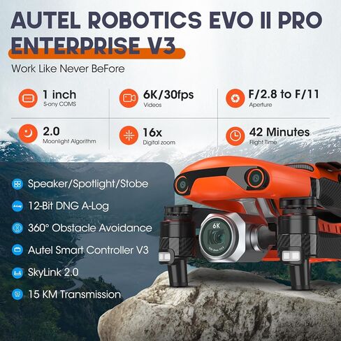 Autel Robotics EVO 2 Pro Enterprise V3, 1" CMOS Sensor, 20MP Photo& 6K/30fps Video, 12-bit DNG, 42 MIN, Carbon Fiber Arms, 15KM Transmission, 7.9" Smart Controller V3, w/Spotlight/Loudspeaker/Strobe in Kuwait