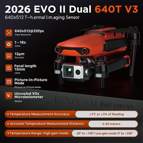Autel Robotics EVO II Dual 640T V3, 640*512 T~hermal, 0.8'' CMOS&50MP 8K RYYB Sensor, 10 Color Schemes, 40 Minutes, EVO 2 Dual 640T for Search&Rescue/Power Inspection/Public Safety, 15KM Transmission in Kuwait