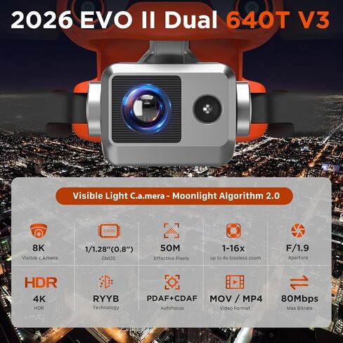 Autel Robotics EVO II Dual 640T V3, 640*512 T~hermal, 0.8'' CMOS&50MP 8K RYYB Sensor, 10 Color Schemes, 40 Minutes, EVO 2 Dual 640T for Search&Rescue/Power Inspection/Public Safety, 15KM Transmission in Kuwait