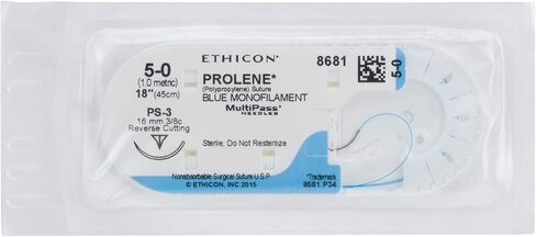 Ethicon PROLENE Polypropylene Suture, 8681G, Synthetic Non-absorbable, PS-3 (16 mm), 3/8 Circle Needle, Size 5-0, 18'' (45 cm) in Kuwait
