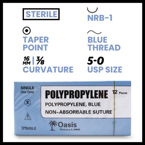 Oasis Vet Polypropylene Surgical Suture, 5-0, (RB-1) 3/8 16/14mm Round Bodied Needle, 75cm, 12/Box, Veterinary Use in Kuwait