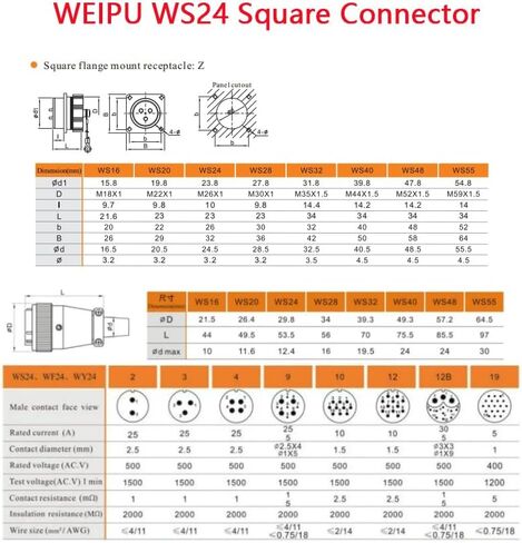 WEIPU WS24 موصل دائري للطيران ذو 4 دبابيس، اقتران ملولب 25A، قابس ذكر مقاوم للغبار ومقبس أنثى، موصل كهربائي صناعي in Kuwait