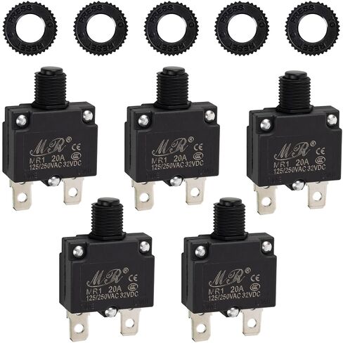 BlueStars 5 Packs 20Amp Thermal Circuit Breaker 125/250V AC 32V DC - Overload Protector with Push Button Manual Reset - Compatible with Automotive, Industrial, Marine and More in Kuwait