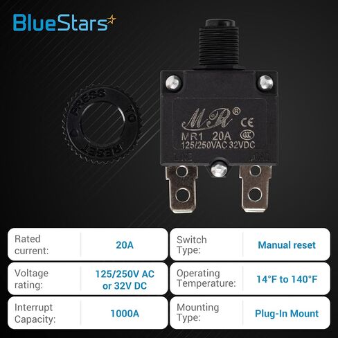 BlueStars 5 Packs 20Amp Thermal Circuit Breaker 125/250V AC 32V DC - Overload Protector with Push Button Manual Reset - Compatible with Automotive, Industrial, Marine and More in Kuwait