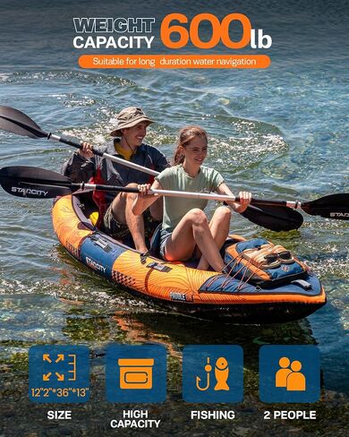 Inflatable Sit-on-Top Tandem Kayak, Wide Stable 12'2"*36"*13", 600 lb Capacity, Touring Fishing Performance, Adjustable Seat Footrest, for Lake Coastal Exploration, Family, Beginners, Anglers in Saudi Arabia