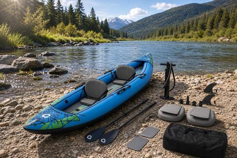 Inflatable Kayak, Heavy-Duty PVC Tandem Kayak with Adjustable Seats & Backrest, Aluminum Paddles, High-Output Pump, Portable Fishing Kayak for Lake River Ocean, Recreational Kayak for Adults and Kids in Kuwait