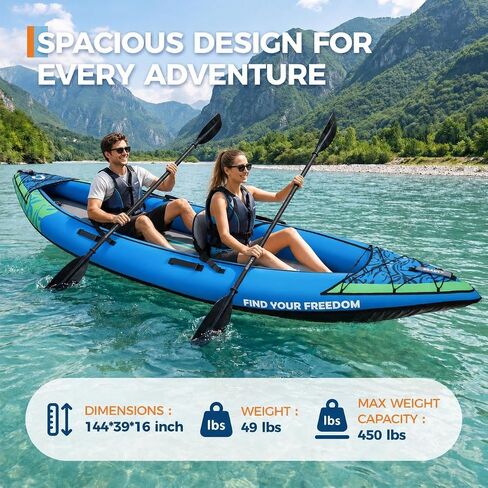 Inflatable Kayak, Heavy-Duty PVC Tandem Kayak with Adjustable Seats & Backrest, Aluminum Paddles, High-Output Pump, Portable Fishing Kayak for Lake River Ocean, Recreational Kayak for Adults and Kids in Kuwait