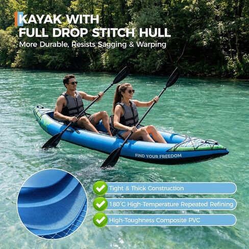 Inflatable Kayak, Heavy-Duty PVC Tandem Kayak with Adjustable Seats & Backrest, Aluminum Paddles, High-Output Pump, Portable Fishing Kayak for Lake River Ocean, Recreational Kayak for Adults and Kids in Kuwait