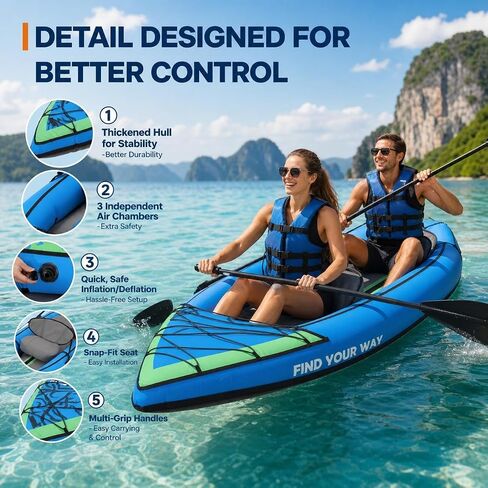 Inflatable Kayak, Heavy-Duty PVC Tandem Kayak with Adjustable Seats & Backrest, Aluminum Paddles, High-Output Pump, Portable Fishing Kayak for Lake River Ocean, Recreational Kayak for Adults and Kids in Kuwait