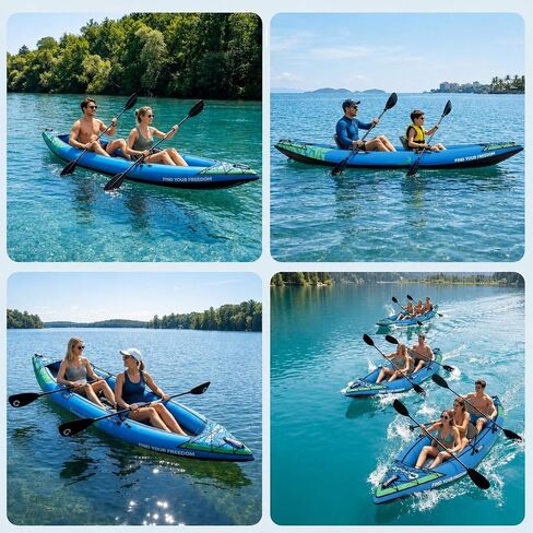 Inflatable Kayak, Heavy-Duty PVC Tandem Kayak with Adjustable Seats & Backrest, Aluminum Paddles, High-Output Pump, Portable Fishing Kayak for Lake River Ocean, Recreational Kayak for Adults and Kids in Kuwait