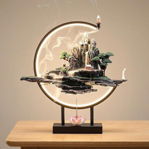 Backflow Incense Waterfall Fountain Burner with Adjustable LED Light Ring,Resin Rockery Landscape Ornament insence-Stick Holder,Compatible with Cone and Stick Incense (Grayish Green) in Kuwait