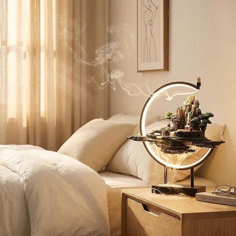 Backflow Incense Waterfall Fountain Burner with Adjustable LED Light Ring,Resin Rockery Landscape Ornament insence-Stick Holder,Compatible with Cone and Stick Incense (Grayish Green) in Kuwait