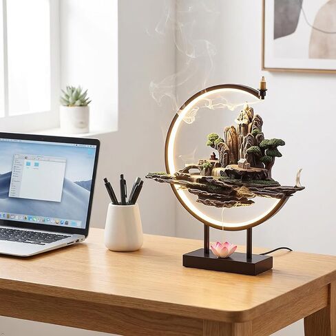Backflow Incense Waterfall Fountain Burner with Adjustable LED Light Ring,Resin Rockery Landscape Ornament insence-Stick Holder,Compatible with Cone and Stick Incense (Grayish Green) in Kuwait