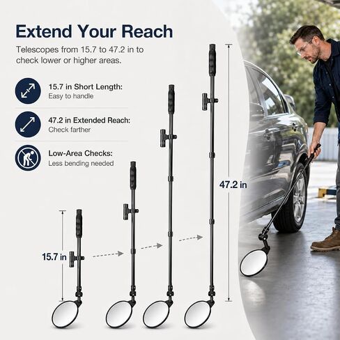 8" Under Vehicle Inspection Mirror – 180° Adjustable Under Car Search Mirror with LED Light & Telescoping Handle for Car, Truck, Machine & Hard-to-See Area in Kuwait