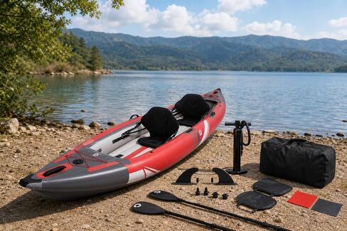 Inflatable Kayak, Heavy-Duty PVC Tandem Kayak with Adjustable Seats & Backrest, Aluminum Paddles, High-Output Pump, Portable Fishing Kayak for Lake River Ocean, Recreational Kayak for Adults and Kids in Kuwait