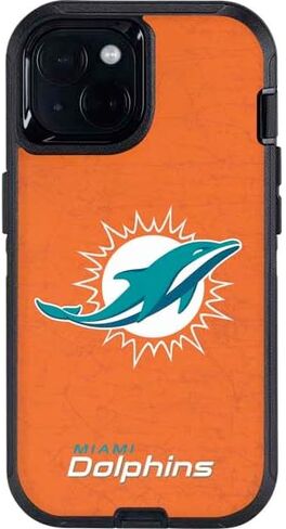 غلاف هاتف Skinit متوافق مع OtterBox Defender iPhone 15 - مرخص رسميًا من NFL Miami Dolphins Distressed - تصميم برتقالي in Kuwait