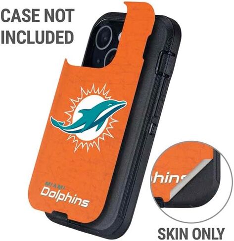 غلاف هاتف Skinit متوافق مع OtterBox Defender iPhone 15 - مرخص رسميًا من NFL Miami Dolphins Distressed - تصميم برتقالي in Kuwait