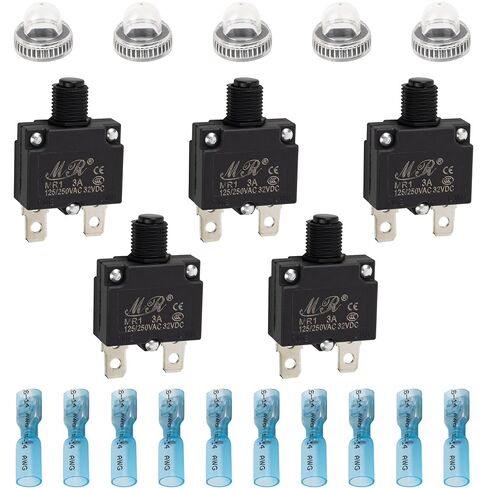 BlueStars 5 Packs 3Amp Thermal Circuit Breaker 125/250V AC 32V DC - Overload Protector with Push Button Manual Reset, Quick Connect Terminals, Waterproof Button Caps Kit in Kuwait