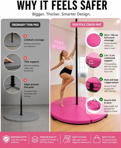 PYY Dance Pole Crash Mat - 5 Ft Foldable & Portable Pole Crash Pad with an Easy-to-Clean Cover, Band Included, 2" Thicken EPE Foam Exercise and Dance Pole Cushion for Home, Yoga, Fitness, Training in Kuwait