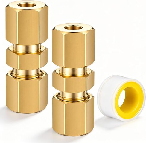 3 Pcs Ice Maker Water Line Compression Tube Fitting Straight Coupling Adapter Brass Compression Tube Pipe Fittings Assortment Kit 1/4" Tubes OD x 1/4" NPT Male Connector with Raw Material Belt(Yellow) in Kuwait