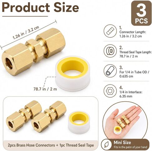 3 Pcs Ice Maker Water Line Compression Tube Fitting Straight Coupling Adapter Brass Compression Tube Pipe Fittings Assortment Kit 1/4" Tubes OD x 1/4" NPT Male Connector with Raw Material Belt(Yellow) in Kuwait