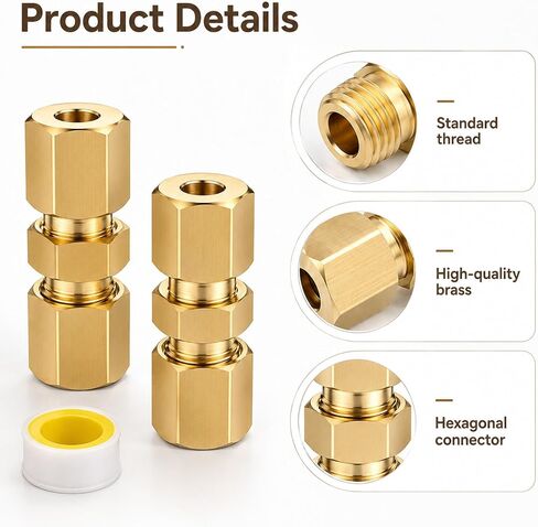 3 Pcs Ice Maker Water Line Compression Tube Fitting Straight Coupling Adapter Brass Compression Tube Pipe Fittings Assortment Kit 1/4" Tubes OD x 1/4" NPT Male Connector with Raw Material Belt(Yellow) in Kuwait