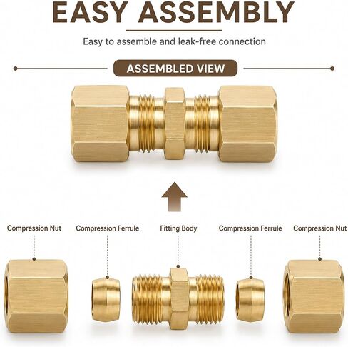 3 Pcs Ice Maker Water Line Compression Tube Fitting Straight Coupling Adapter Brass Compression Tube Pipe Fittings Assortment Kit 1/4" Tubes OD x 1/4" NPT Male Connector with Raw Material Belt(Yellow) in Kuwait