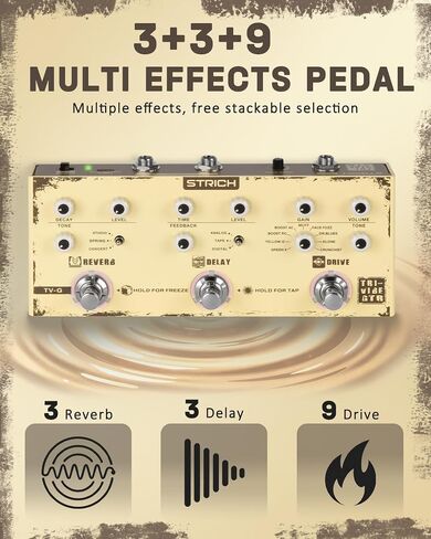دواسة جيتار STRICH TV-G Triple Vibe 3 في 1 متعددة التأثيرات، 9 Overdrive 3 Reverb 3 Delay، عتيق، TAP Tempo Reverb Freeze، دواسة تأثيرات الجيتار المحمولة لتقليل الضوضاء in Kuwait