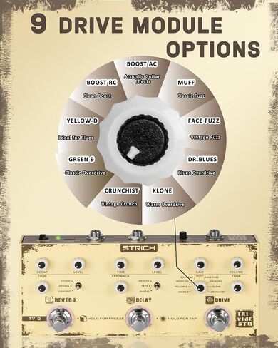 دواسة جيتار STRICH TV-G Triple Vibe 3 في 1 متعددة التأثيرات، 9 Overdrive 3 Reverb 3 Delay، عتيق، TAP Tempo Reverb Freeze، دواسة تأثيرات الجيتار المحمولة لتقليل الضوضاء in Kuwait