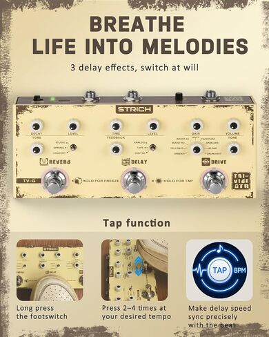 دواسة جيتار STRICH TV-G Triple Vibe 3 في 1 متعددة التأثيرات، 9 Overdrive 3 Reverb 3 Delay، عتيق، TAP Tempo Reverb Freeze، دواسة تأثيرات الجيتار المحمولة لتقليل الضوضاء in Kuwait