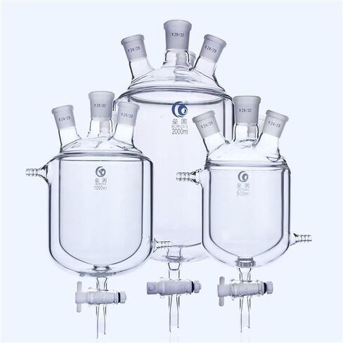 Four Mouth Borossilica Glass Jacketed Reaction Flask for Lab with PTFE Empty Valve, Two Tier Reaction Flask for Laboratory(500mL 29x24x24x24) in Kuwait