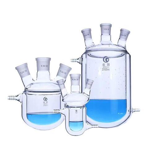 Four Mouth Borossilica Glass Jacketed Reaction Flask for Lab with PTFE Empty Valve, Two Tier Reaction Flask for Laboratory(500mL 29x24x24x24) in Kuwait