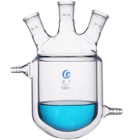 Four Mouth Borossilica Glass Jacketed Reaction Flask for Lab with PTFE Empty Valve, Two Tier Reaction Flask for Laboratory(500mL 29x24x24x24) in Kuwait
