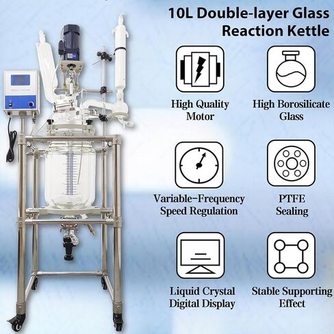 10L Jacketed Glass Reactor 110V, Double-Layer High Borosilicate Glass Teaching Reaction Vessel with Digital Display & PTFE Sealing, for Lab Chemical Synthesis, Distillation and Reaction in Kuwait
