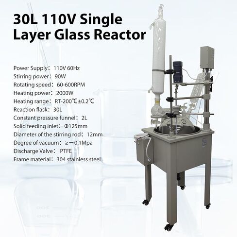 Single Layer Glass Reactor, 30L 110V Chemical Reaction Vessel, Digital Display Stirring Speed/Temperature, Stainless Steel Bath & Frame, Lab Reaction Kettle for Distillation Synthesis Mixing in Kuwait