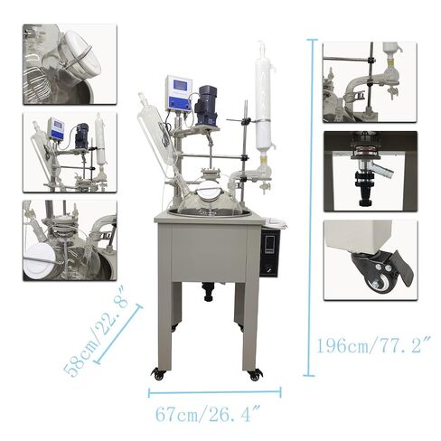 Single Layer Glass Reactor, 30L 110V Chemical Reaction Vessel, Digital Display Stirring Speed/Temperature, Stainless Steel Bath & Frame, Lab Reaction Kettle for Distillation Synthesis Mixing in Kuwait