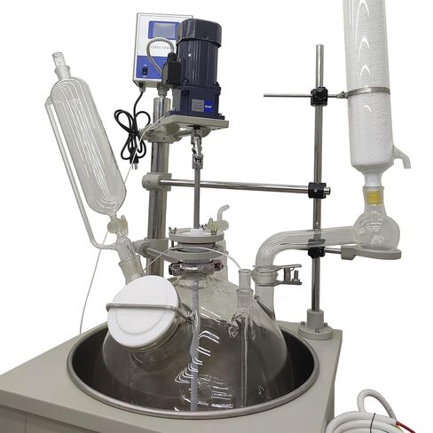 Single Layer Glass Reactor, 30L 110V Chemical Reaction Vessel, Digital Display Stirring Speed/Temperature, Stainless Steel Bath & Frame, Lab Reaction Kettle for Distillation Synthesis Mixing in Kuwait