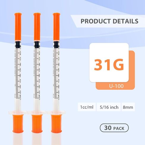 1 ML/CC 31G 5/16" (8mm), U-100 Individual Wrapped, 30 Pack | Clear Graduation Marks, Smooth Plunger, Lab & Industrial Liquid Transfer in Kuwait