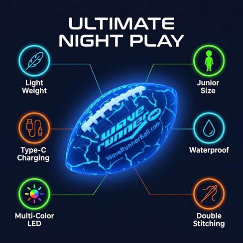 كرة القدم Wave Runner LED Pro المضيئة، كرة قدم تتوهج في الظلام مع أضواء LED ساطعة، كرة قدم بمقبض من السيليكون للعب في الهواء الطلق، الشاطئ، الفناء الخلفي، التخييم، الحفلات والهدايا، لون عشوائي in Kuwait
