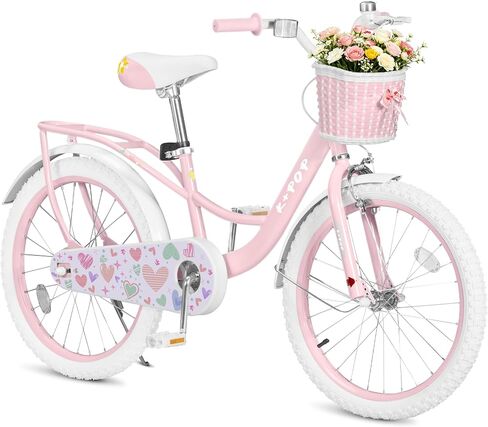 20 Inch Girls Bikes Ages 8-12, Kids Bike with Basket and Back Seat, Girls Bicycle Single Speed Bikes for Kids, Front Caliper Brake and Rear Coaster Brake, Adjustable Seat in Kuwait