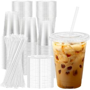 Lamosi 100 Pack 16 oz Clear Plastic Cups with Lids and Straws, Disposable Plastic Coffee Cups with Lids for Iced Coffee, Cold Beverages, Smoothies and To-Go Drinks in Kuwait