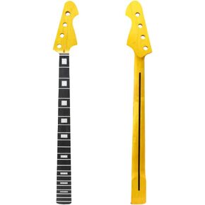 Bass Guitar Neck, 20 Frets 34 Inch Scale Maple Neck with Rosewood Fingerboard, White Block Inlays, Gloss Yellow Finish, Bolt-On Replacement Bass Neck（42-64mm） in Kuwait