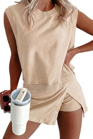 Opemiby مجموعات الصيف النساء 2 قطعة ملابس بلا أكمام تانك وخصر مرن Skort السفر عطلة مطابقة مجموعة رياضية in Kuwait