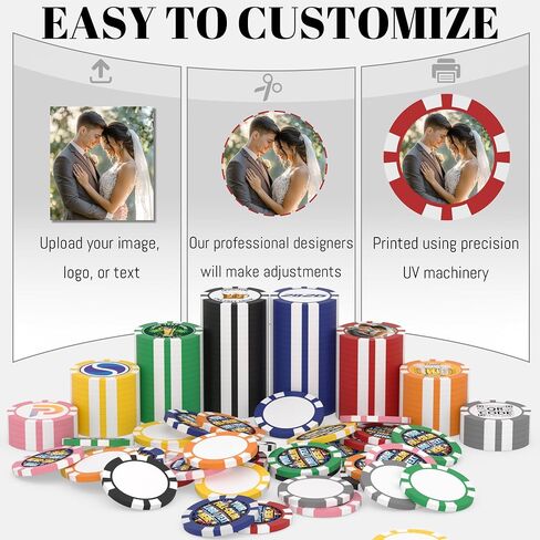 Personalized Clay Poker Chips 50-500 PCS – 40mm 11.5g Heavy Casino Chips with Custom Logo, Photo or Design – Good for Parties, Bars, Business & Corporate Events in Kuwait