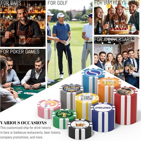 Personalized Clay Poker Chips 50-500 PCS – 40mm 11.5g Heavy Casino Chips with Custom Logo, Photo or Design – Good for Parties, Bars, Business & Corporate Events in Kuwait