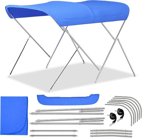 3 Bow Bimini Tops for Boats with Heavy Duty 304 Stainless Steel Frame & Hardware, 600D Oxford Boat Canopy Includes 2 Straps & 2 Rear Support Poles, Storage Boot, Durability & Stability in Kuwait