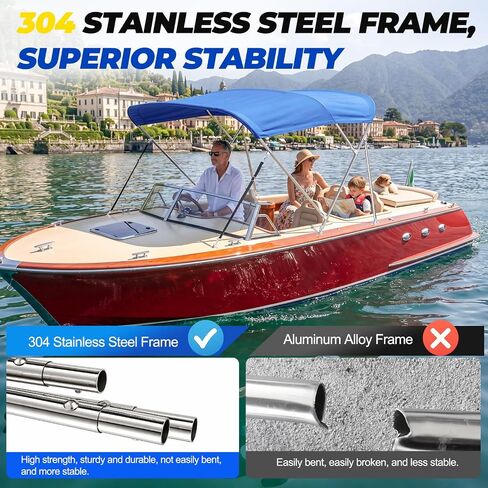 3 Bow Bimini Tops for Boats with Heavy Duty 304 Stainless Steel Frame & Hardware, 600D Oxford Boat Canopy Includes 2 Straps & 2 Rear Support Poles, Storage Boot, Durability & Stability in Kuwait